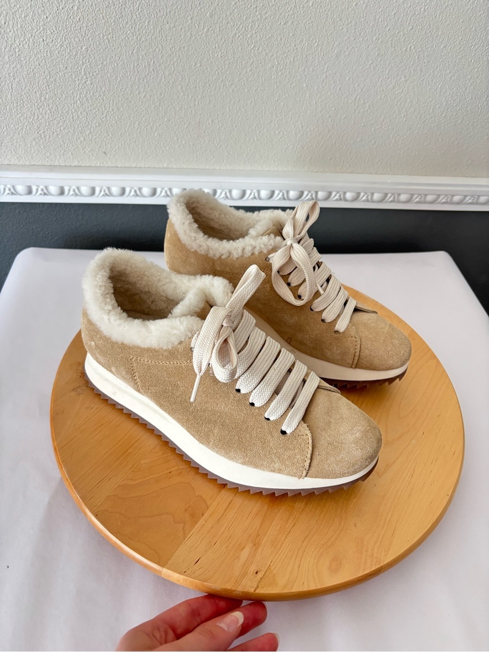 Pedro Garcia Women's Orinda Beige Suede Sneakers with Cream Shearling Size 7.5
